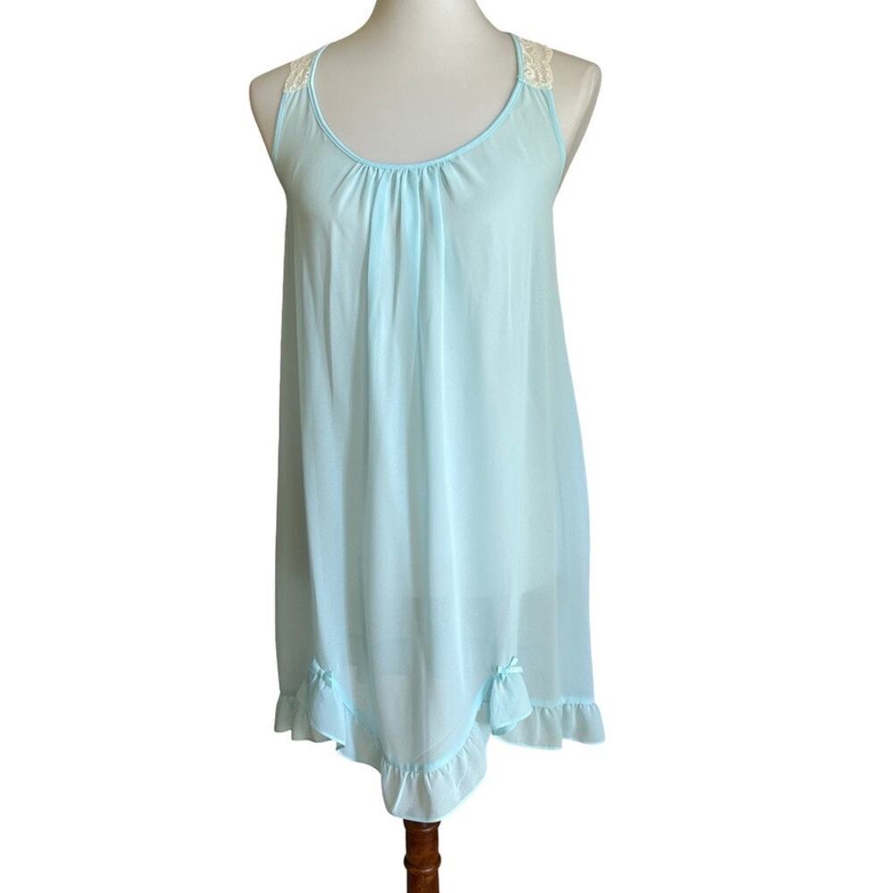 Vintage Style Light Blue Chiffon Nighty Lace Back Bow Ruffle Hem XS S - Picture 5 of 5